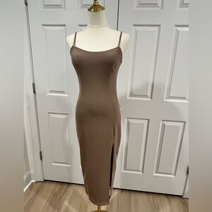 Naked Wardrobe Brown Midi Dress with Spaghetti Straps